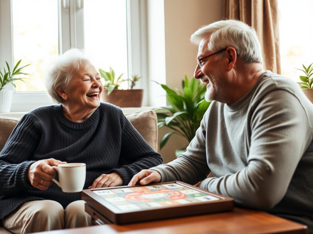 Dvaja seniori sa spolu smejú pri šálke čaju a spoločenskej hre